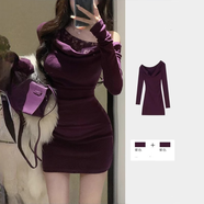 衣然呈品純欲風(fēng)性感斜肩長(cháng)袖連衣裙女春秋新款辣妹蕾絲拼接緊身包臀短裙女 紫色 M 【建議95-110斤】