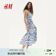 H&M女裝連衣裙2025夏季新款度假風(fēng)縮褶吊帶植物印花長裙1283256 藍(lán)色/白色圖案 L 170/104