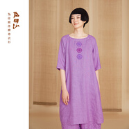 指間沙2525242原創(chuàng  )女裝25夏中式一字領(lǐng)插肩袖刺繡炒染亞麻連衣裙 雪青色101 M