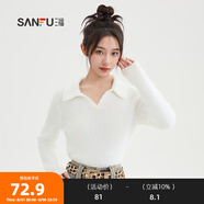 三福毛衣2024冬季V字翻領(lǐng)豹紋短款時尚上衣女裝495139 米白色 S