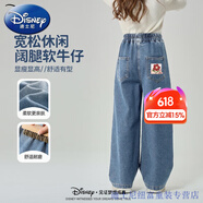 DISNEY迪士尼女童春裝2025新款褲子時(shí)髦洋氣童裝大童長(zhǎng)褲薄款兒童牛仔褲 迪油畫花K_右后袋牛仔淺藍(lán) 110
