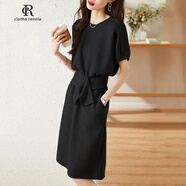 clotho Rennie品牌女裝連衣裙女中長款2025夏季新款韓版休閑純色圓領(lǐng)收腰顯瘦裙 黑色 3XL