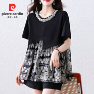 皮爾卡丹大碼女裝夏裝女款2025新款輕奢減齡洋氣圓領(lǐng)印花拼接T恤不對稱(chēng) 圖片色 L 適合95-115斤左右