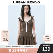 UR2025春季新款女裝撞色蕾絲飄帶U領無袖修身連衣裙UYY750014 深棕色 S