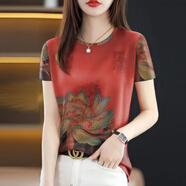 2025簡(jiǎn)約爆款短袖t恤女新款夏季時(shí)尚大碼百搭印花遮肚T恤女上衣女 11款復古紅大花黃 2XL 120斤-134斤