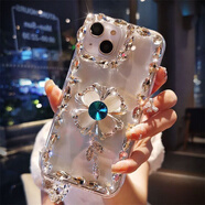 適用iphone15手機殼新款水鉆四葉草14蘋果16Promax保護套13感 四葉草水鉆-藍色 iPhone5/5S/5SE