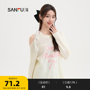 三福毛衣2024冬季蕾絲露肩綁帶蝴蝶結(jié)英文圓領(lǐng)上衣女裝491148 米白 M