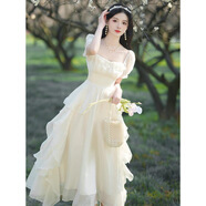 渝鼎福 米白色連衣裙法式女裝少女顯瘦仙女氣質(zhì)荷葉邊公主裙夏季伴娘服 仙女風(fēng)連衣裙米白色 S 80-90