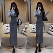 姿偉祺網(wǎng)紅時(shí)尚套裝女秋冬修身顯瘦包臀背帶裙兩件套 灰色小杉+灰色裙子一套 S