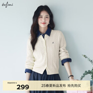 伊芙麗（eifini）伊芙麗絞花圓領(lǐng)基礎(chǔ)百搭精梳棉針織開衫2025春季新款學(xué)院風(fēng)毛衣 米白 M 105-115斤