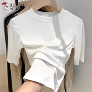 啄木鳥(niǎo)中袖t恤女五分袖夏季新款內搭修身針織半袖打底衫上衣 白色  XL