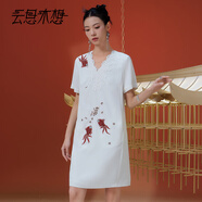 云思木想Ysimo-X摩登國(guó)風(fēng)2025夏季醋酸V領(lǐng)繡花直筒連衣裙13500 白色 S