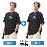 :CHOCOOLATE it純棉水洗短袖T恤男2025夏季新款寬松高街半袖體恤潮 黑色+黑色 【優(yōu)惠兩件裝】 M 【建議90-110斤】