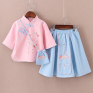 迪士尼兒童套裝夏季古裝漢服中國風超仙襦裙女童寶寶短袖飄逸古風裙子 花云扇粉色 常規(guī) 優(yōu)質(zhì)棉麻面料 140 (身高120-130cm)