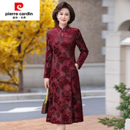 皮爾卡丹（PIERRE CARDIN）桑蠶絲100%媽媽婚宴禮服高貴改良旗袍40歲50喜婆婆氣質(zhì)秋冬裝加絨 9310酒紅加絨 4XL 建議130-145斤