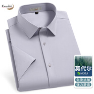 鱷魚(yú)恤高品質(zhì)莫代爾襯衫男短袖抗皺免燙彈力夏季薄款豎條紋男士襯衣 灰色細(xì)斜 38 165/84A