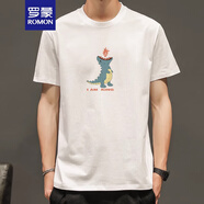 羅蒙（ROMON）日式復古夏季短袖t恤男士潮流寬松半袖內搭打底衫潮牌體恤衣服 短袖/小恐龍白色 M 100-120斤