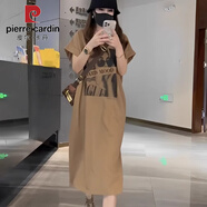皮爾卡丹歐美風(fēng)少女印花短袖連衣裙夏季寬松顯瘦開叉大碼休閑T恤裙子長裙 936--卡其色(好質(zhì)量) M 90到120斤