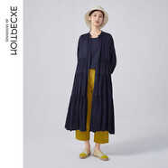 例外（EXCEPTION）女裝春夏款連衣裙亞麻抽褶設(shè)計(jì)中長(zhǎng)袖系帶A字襯衫裙 藏藍(lán)/89 L