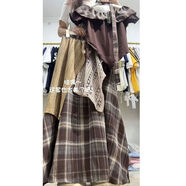 藍野萌香青甘大環(huán)線(xiàn)旅游必備波西米亞復古一字肩格子短袖套裝女學(xué)生夏季新 咖色套裝一字肩加飄帶+松緊腰裙 XL