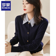 羅蒙（ROMON）條紋拼接假兩件學(xué)院風(fēng)開衫針織女春秋新款毛衣外套打底衫上衣女 藏青色 M (建議80-120斤)