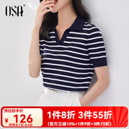 歐莎（OSA）條紋polo領(lǐng)針織衫短袖女高端夏季冰絲薄款休閑百搭顯瘦上衣 藏藍(lán)色 2XL