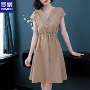 羅蒙（ROMON）棉麻收腰中長(zhǎng)款連衣裙女夏季韓版寬松胖妹妹短袖顯瘦氣質(zhì)V領(lǐng)裙子 淺卡其 XL 【建議120-136斤】