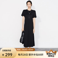 美洋（MEIYANG）巴黎夜曲連衣裙女 颯柔兼?zhèn)浜?jiǎn)約時(shí)尚短袖長(zhǎng)款刺繡T恤裙長(zhǎng)款連衣裙 黑色(圓領(lǐng)) M