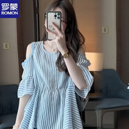 羅蒙（ROMON）2025夏季新款條紋收腰時(shí)尚花邊拼接襯衫韓版百搭露肩遮肉雪紡衫女 藍色條紋上衣 S (建議70-100斤)