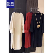 羅蒙（ROMON）慵懶風(fēng)法式毛衣女2025秋冬季新款套頭開(kāi)叉過(guò)膝中長(cháng)款針織衫女裝 黑色 S -95斤以下