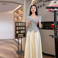 拉夏貝爾（La Chapelle）套裝夏日氣質(zhì)穿搭女神范輕奢感重要場合法式套裝連衣裙子 湖水藍(lán)上衣+珍珠米半裙套裝 XL 120-130斤