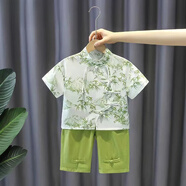 迪士尼女童漢服夏季薄款中國國風(fēng)連衣裙唐裝兒童男童儒雅國學(xué)套裝表演 竹葉果綠色男童 110