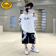 G.DUCKKIDS男童夏季短袖套裝2024新款潮童裝中大童洋氣街舞套裝純棉運動服T TO-BOY白色套裝 150 適合身高140左右