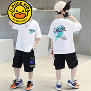 G.DUCKKIDS品牌童裝男童夏裝套裝短袖短褲兩件套男孩夏季衣服中大童運動套裝 colo白色 170