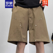 羅蒙（ROMON）美式復(fù)古金屬鉚釘工裝短褲男2025夏季新款寬松休閑直筒五分褲 深棕色 M