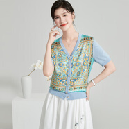 金菊【桑蠶絲復古印花拼接】V領(lǐng)薄款針織開(kāi)衫外套夏季媽媽裝真絲T恤女