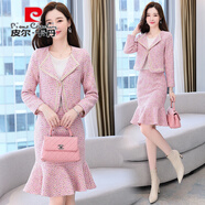 皮爾卡丹（pierre cardin）小香風(fēng)毛呢半身魚尾裙時(shí)尚套裝秋冬季名媛外套氣質(zhì)呢子短裙兩件套 珠光粉 M