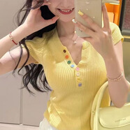圓領(lǐng)短袖毛衣女2025新款韓版修身顯瘦減齡彩色紐扣拼接上衣 黃色 輕薄 均碼 90-110斤