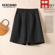 拉倫菲韻高端品牌 亞麻五分短褲女2025夏季新款休閑寬松高腰顯瘦中褲熱褲 黑色 L