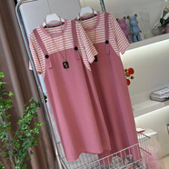 潮思匯胖MM大碼條紋假兩件短袖背帶裙女夏季2025新款寬松遮肉顯瘦連衣裙 粉色(長款110) M 80-120斤