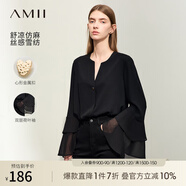 AMII2025秋新款極簡(jiǎn)純色寬松V領(lǐng)雙層荷葉袖正肩長(cháng)袖雪紡衫女 黑色 160/84A/M