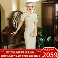 歐迪鳥(niǎo)（ODYBIRD）2025夏季新款真絲桑蠶絲旗袍中式改良日常年輕復(fù)古優(yōu)雅連衣裙 杏白 XL