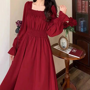 名芮珊訂婚衣服女胖妹妹夏季大碼法式方領紅色連衣裙女新款胖mm收腰顯瘦 紅色（春秋款） 2XL 建議140-160斤