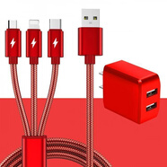 華為（HUAWEI）適用三合一充電器線(xiàn)快充一拖三數(shù)據(jù)線(xiàn)套裝帶插頭雙口usb充電線(xiàn)多 套裝--中國(guó)紅【一拖三數(shù)據(jù)線(xiàn)+雙USB口充電器】 1.2m