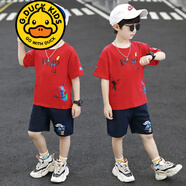 G.DUCKKIDS品牌童裝兒童裝男童夏裝套裝中大童男孩夏季韓版洋帥氣短袖潮衣服 紅色雨滴套裝 140 建議身高130CM左右