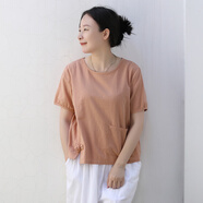 亂在江南 文藝休閑襯衫女夏裝新品簡約圓領短袖上衣棉麻短款襯衣 舊粉色 M