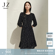 玖姿·安娜蔻法式波點桑蠶絲收腰七分袖荷葉邊連衣裙女2025春季新款 花黑 L