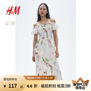 H&M女裝花卉連衣裙夏季花朵泡泡一字肩短袖植物印花長裙1230970 白色/花卉 XS 155/80