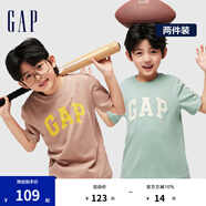 Gap男女童夏季LOGO純棉短袖T恤套裝兒童裝404362兩件裝 棕綠組合 120cm(XS)亞洲尺碼