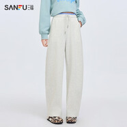 三福（SANFU）休閑褲2025新款春季時尚撞色松緊腰寬松直筒長褲子女裝 杏灰色 M